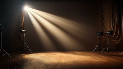 Atmospheric glow of studio lights on a dark background. Spotlights in a photo studio, beams illuminate a dark room.