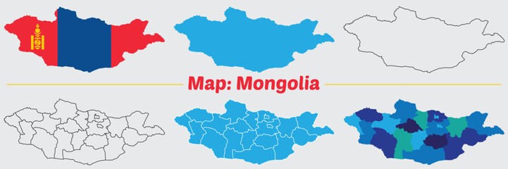 Mongolia country map set. internal provinces borders marked, Simple map of Mongolia vector drawing, Filled and outline.