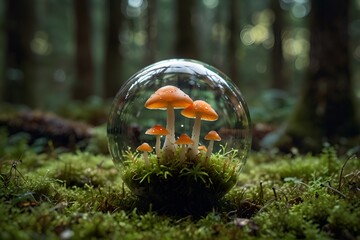 mushrooms inside glass sphere