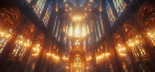 Obraz premium Majestic cathedral interior with stained glass windows and warm lighting.