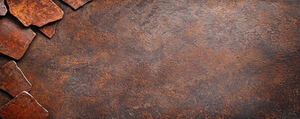 A textured surface with rust-colored patches and broken tile fragments, creating an industrial and aged appearance.
