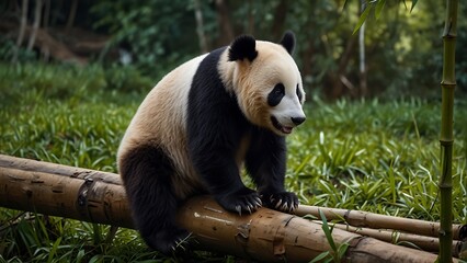 Obraz premium panda sitting on a tree close up potrait in green tree forest habitat background