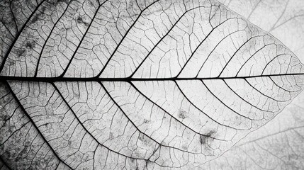 Close-up of a leaf showcasing intricate vein patterns in monochrome.