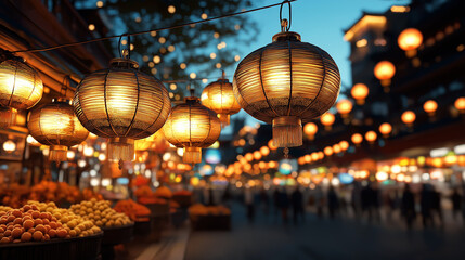 Obraz premium A Chinese rural market in a festive mood.
