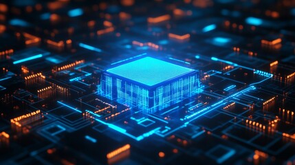 Obraz premium A glowing blue microprocessor surrounded by a digital circuit board, illustrating advanced technology and data processing.