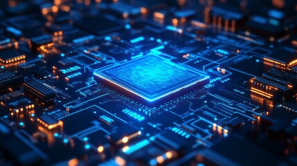 Obraz premium A vibrant, close-up view of a computer circuit board featuring a glowing microchip at its center, showcasing advanced technology and intricate design.