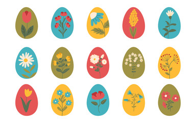 Set of Easter eggs decorated with flowers. Easter eggs cliparts. Vector collection in flat style isolated on white.