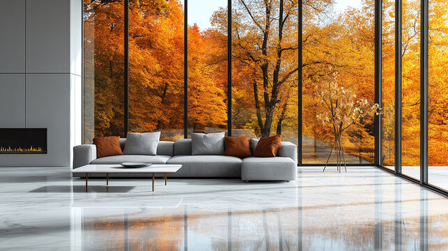 Fototapeta Modern minimalistic living room with table and grey or gray sofa couch furniture, shiny marble floor, large windows showing autumn fall orange forest nature with sunlight. bright, indoor, relaxation.