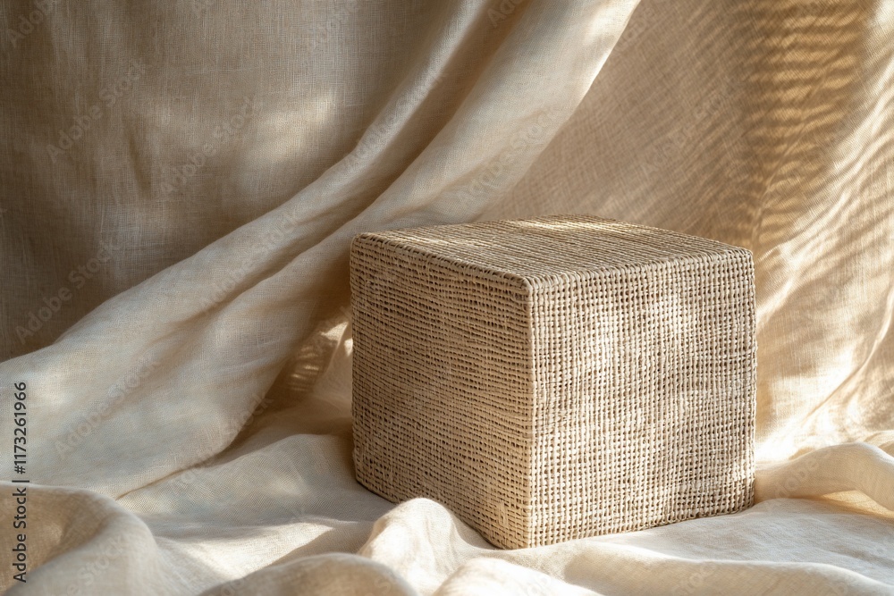 Poster beige cube on fabric backdrop. sunlight creates shadows. minimalist product display.