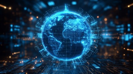 Obraz premium A glowing digital globe surrounded by data streams and circuit patterns, symbolizing technology, connectivity, and the digital world.