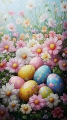 A vibrant arrangement of decorated Easter eggs nestled among blooming flowers.
