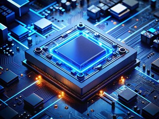 Glowing Blue CPU Close-up: High-Resolution Circuit Board Detail