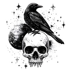 Fototapeta premium Crow perched on a skull in front of the moon.