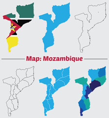 Obraz premium Mozambique country map set. internal provinces borders marked, Simple map of Mozambique vector drawing, Filled and outline.