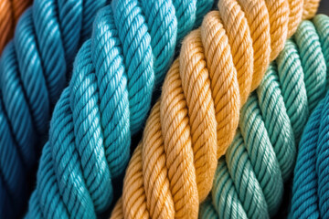 Close-up of a thick fishing rope coiled neatly on the deck, the texture of each strand clearly visible in yellow, blue and green