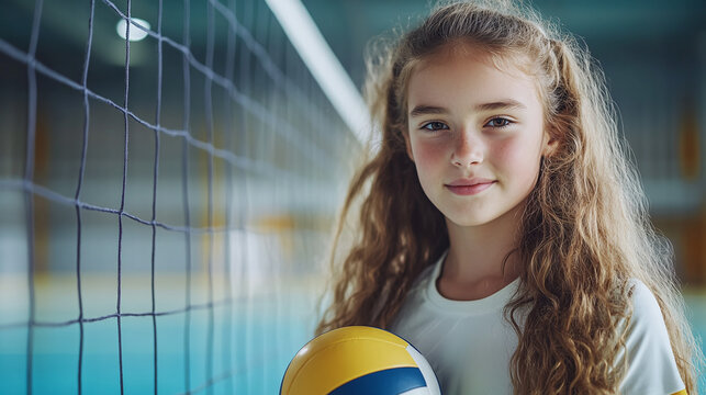 Portrait of preteen girl holding volleyball ball, standing in front of net on indoor court, copy space. female athlete sport player, professional training, competition, exercise, practice.