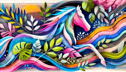 Obraz premium A colorful, abstract horse gallops through a vibrant scene filled with flowing waves, leaves, and a glowing sunset.