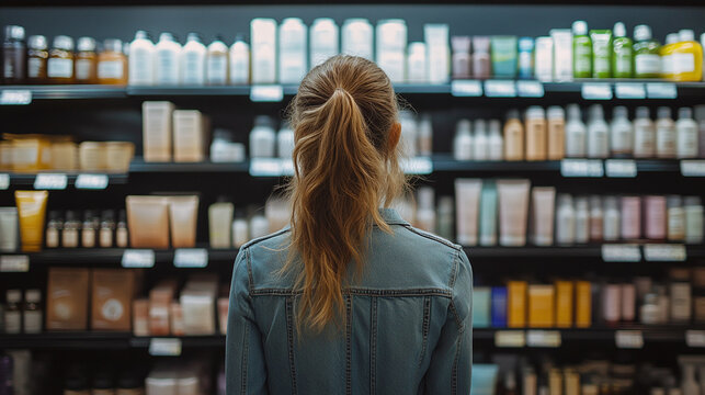 Rear back view of woman standing in retail store or supermarket surrounded by shelves of organic natural oil bottles. consumer choosing healthy product, bio eco packaging, cosmetic antiaging skincare.