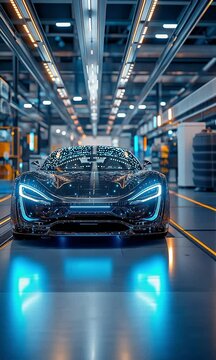 Concept of an EV Supply Chain. Future electric car chassis with wheels and circuitry that glows