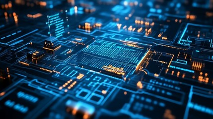 Obraz premium A detailed, blue-lit circuit board with intricate patterns and glowing components, representing advanced technology and digital connectivity.