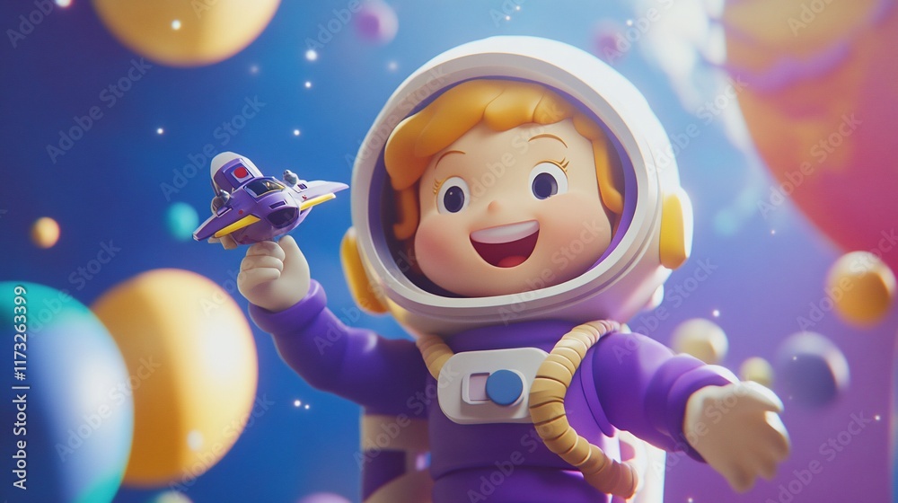 Poster joyful astronaut girl in space with spaceship toy.