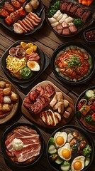 Fototapeta premium A vibrant assortment of various dishes arranged on plates, showcasing a feast of flavors.