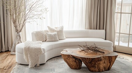 Modern living room with curved sofa, wooden coffee table, and natural decor.