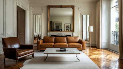 Fototapeta premium Parisian apartment living room leather sofa interior design