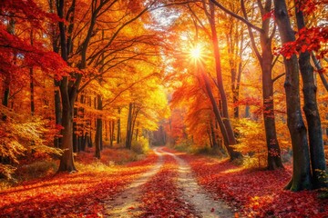 Obraz premium Golden Autumn Forest Path: Sunlight Dappled Trees & Fall Foliage