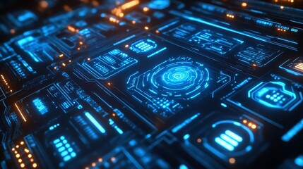 Fototapeta premium A close-up view of a futuristic interface featuring intricate blue circuitry and glowing elements, showcasing advanced technology and digital design.