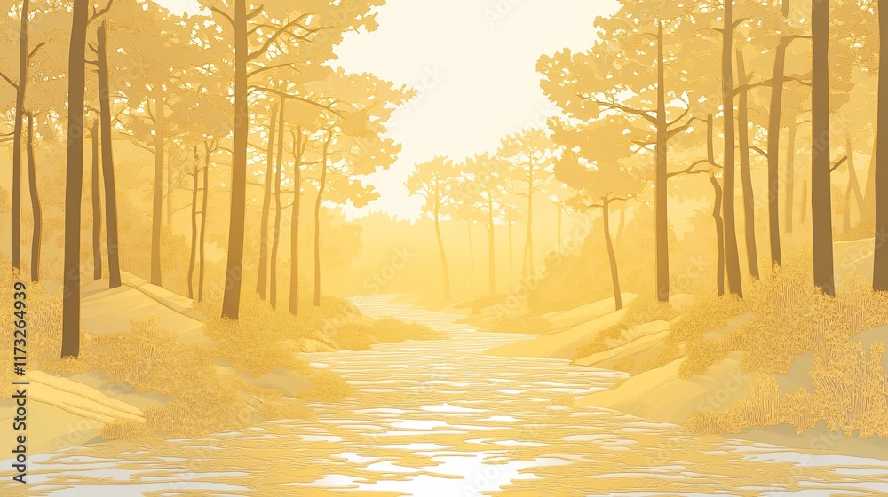 Aufkleber golden hour sunlight streams through a tranquil forest, illuminating a calm river flowing through th