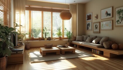 Fototapeta premium Sunny Modern Living Room Minimalist Design Wooden Furniture Plants
