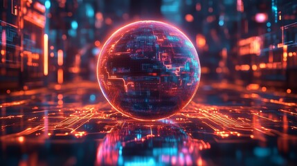 Fototapeta premium A glowing, digital sphere surrounded by vibrant, futuristic circuitry, representing advanced technology and virtual connectivity.