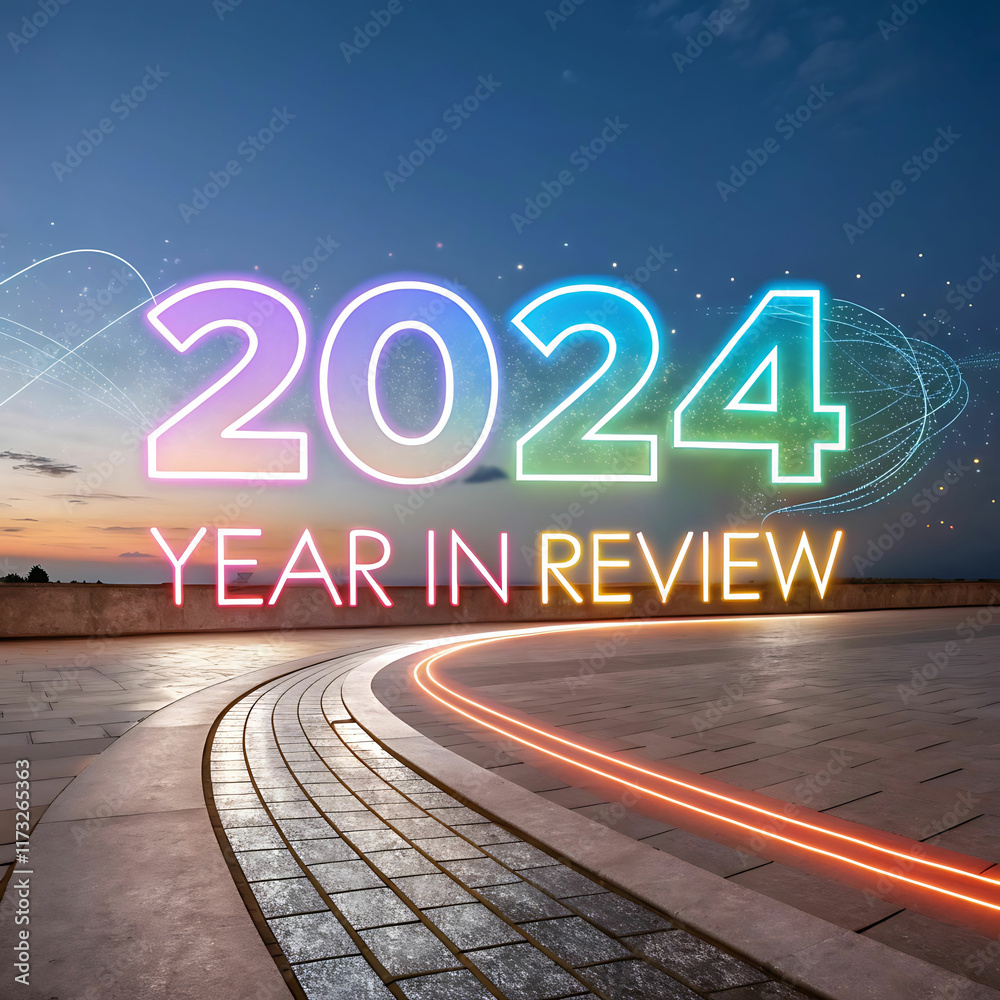 Fototapete 2024 year in review abstract art with glowing colorful numbers and dynamic lines