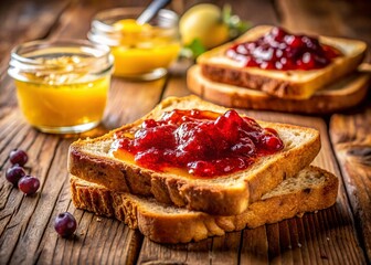 Golden Crusty Toast with Melted Butter and Sweet Jam, Close-Up Shot