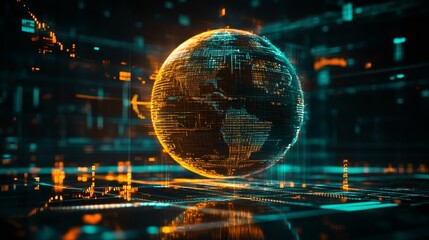Fototapeta premium A glowing, digital globe surrounded by vibrant data streams, representing global connectivity and technology in a futuristic environment.