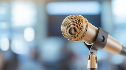 Fototapeta premium Golden Microphone in Newsroom Background