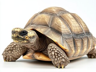 Obraz premium Close-up of a tortoise gradually retracting its head in a calm indoor setting, showcasing intricate shell patterns and its serene disposition