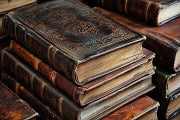 Obraz premium A captivating close-up showcases well-worn, leather-covered books, beautifully illustrating the richness of literature and history on a rustic wooden surface