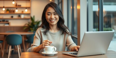 Young Asian woman digital nomad working on laptop and sipping coffee in cafe, smiling happily, connectivity, cafe