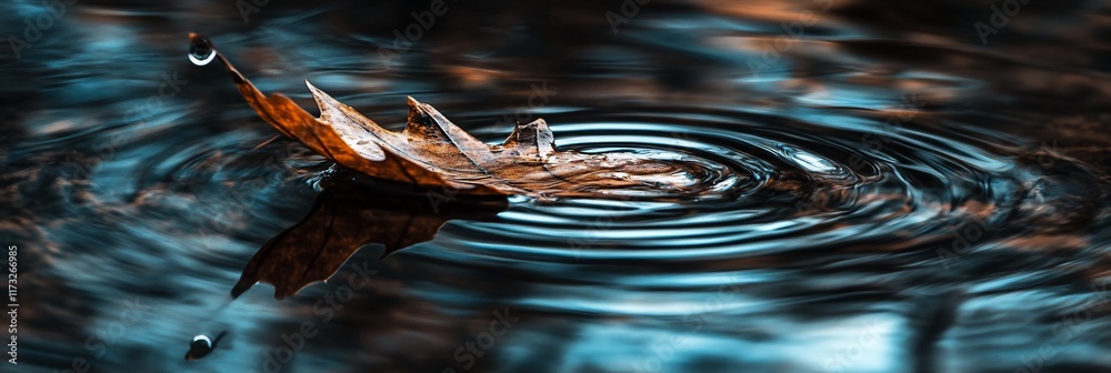 Poster a single autumn leaf floats on dark water, creating concentric ripples.