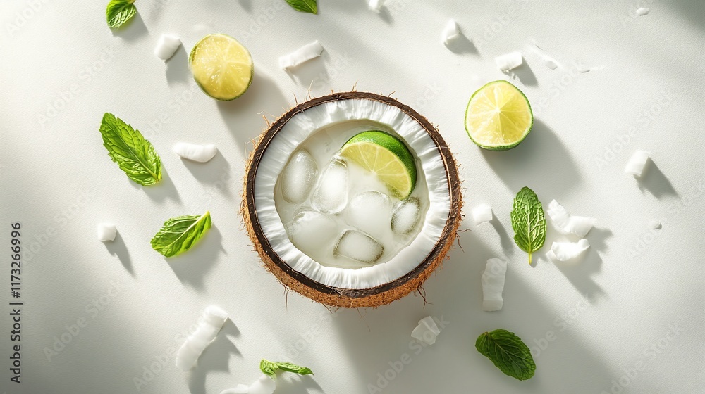 Poster refreshing coconut drink with ice, lime, and mint in coconut shell.