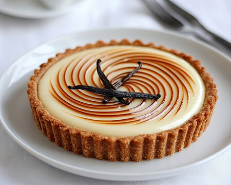 Savoring sweet moments cozy bakery vanilla tart delight top-down view culinary art in warm atmosphere