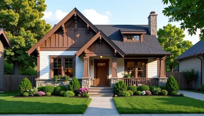 Traditional Craftsman cottage with a modern twist in a suburban setting, warm color palette , craftsman style