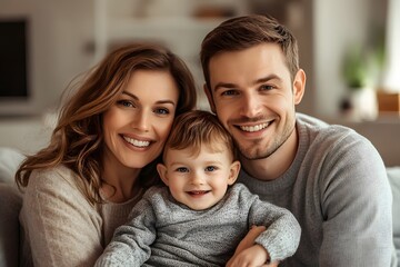 Fototapeta premium A family selfie of three: mom and dad with their one-year-old son, smiling at the camera in a cozy living room