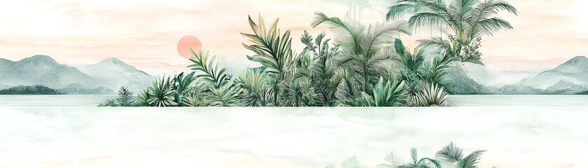 Serene watercolor painting of a tropical island at sunset, featuring lush vegetation and tranquil waters against a mountain backdrop.