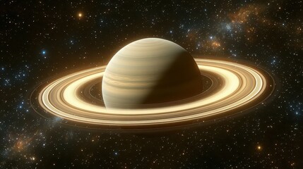 Fototapeta premium Detailed illustration of a large celestial body surrounded by luminous rings in a vast cosmic background, showcasing the beauty of space