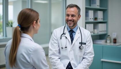 Fototapeta premium Doctors discussing treatment options during a flu epidemic in a modern healthcare setting