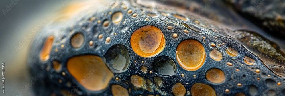 Poster close-up of a textured surface with orange and blue hues, resembling a rock or mineral with unique p
