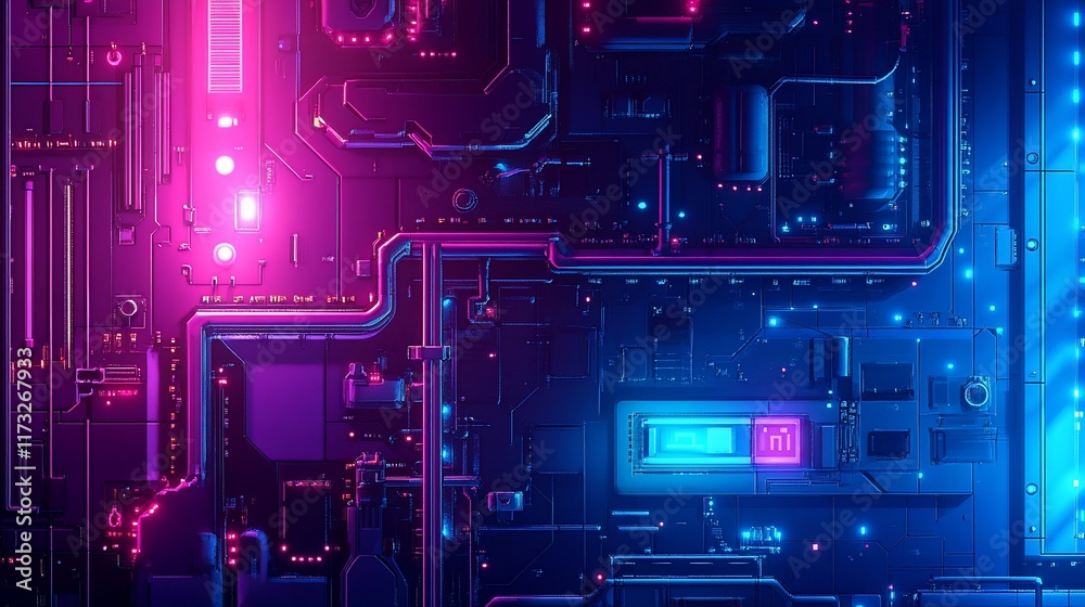 Poster Abstract neon-lit circuit board texture with glowing components and intricate pathways.